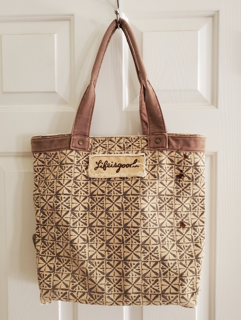 Life Is Good Tan Canvas Tote Bag Brown Handles “Not All Who Wander Are Lost”